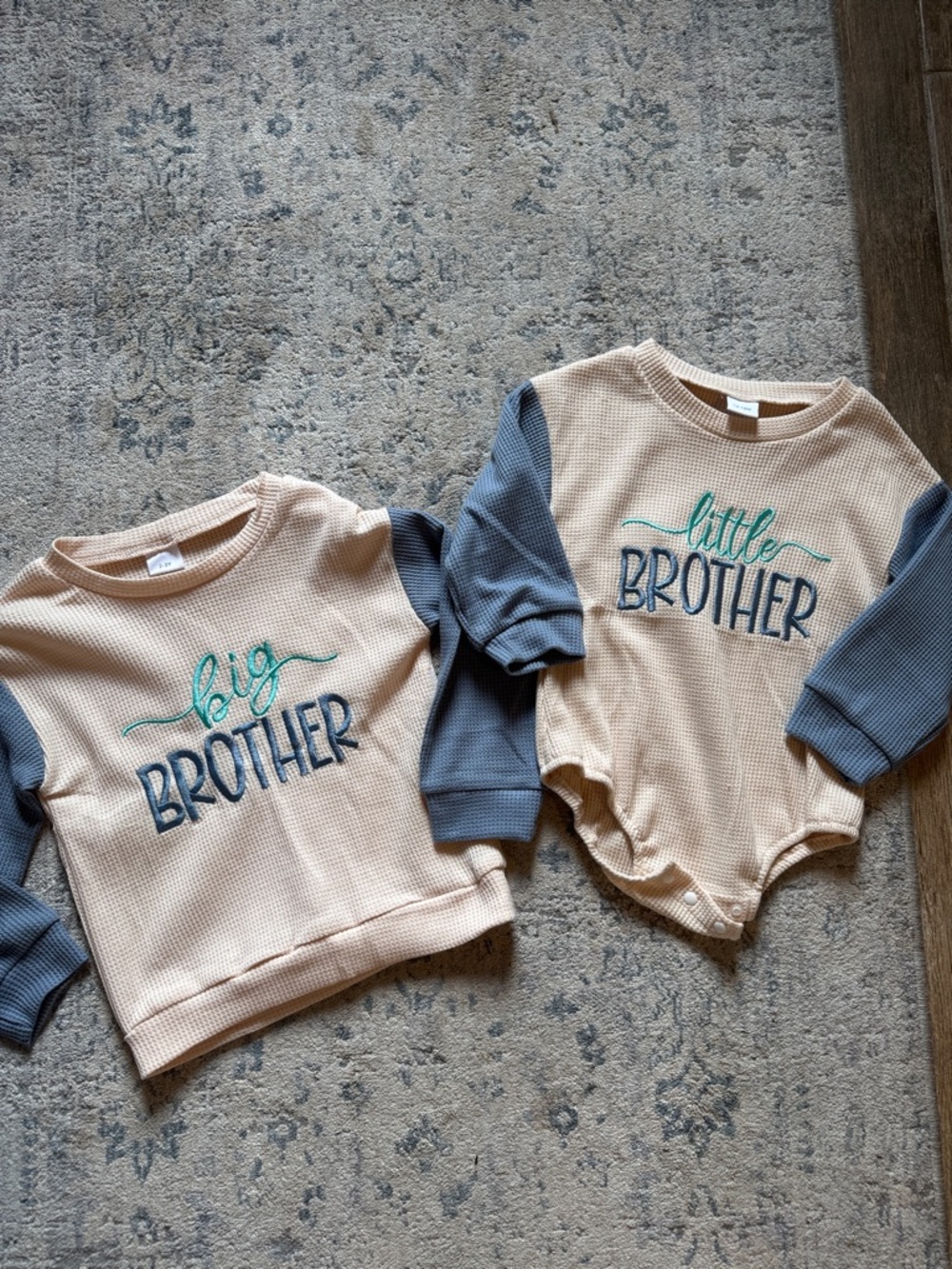 Kids 'Big Brother' & 'Little Brother' Waffle Knit - Beige with Blue Sleeves